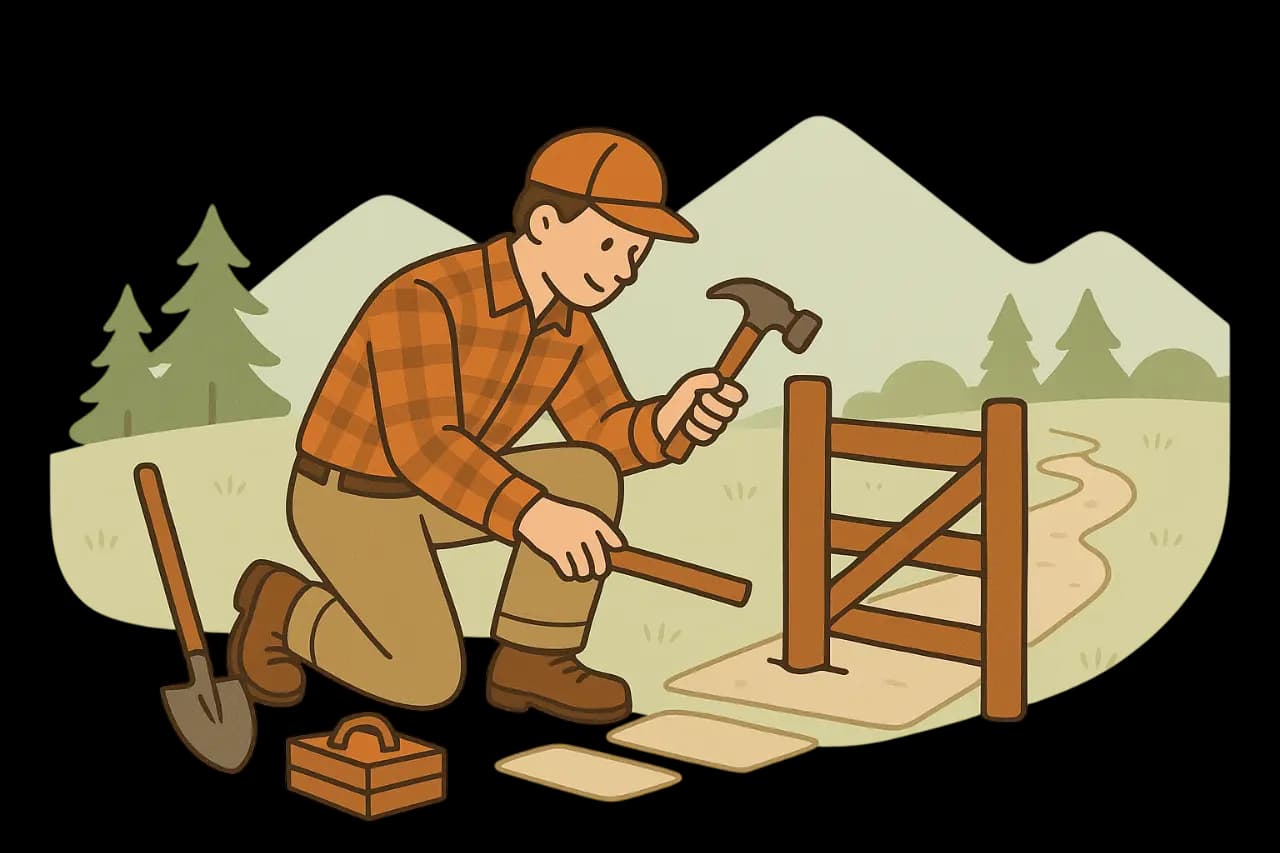 Illustration of a person holding a hammer and a piece of wood, on one knee, working on a gate infront of a path and in a mountainous setting